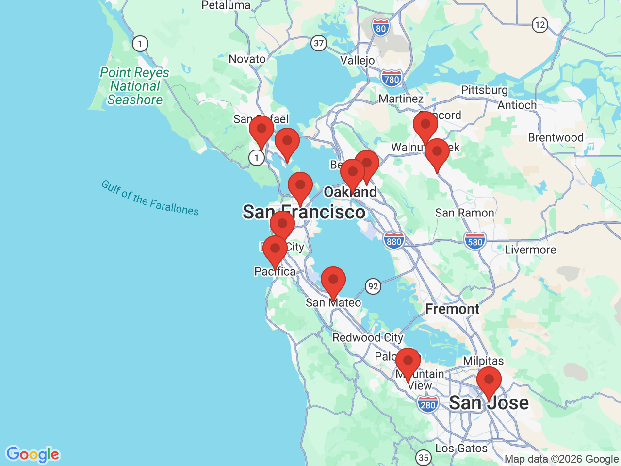 Map of service areas around San Francisco, CA